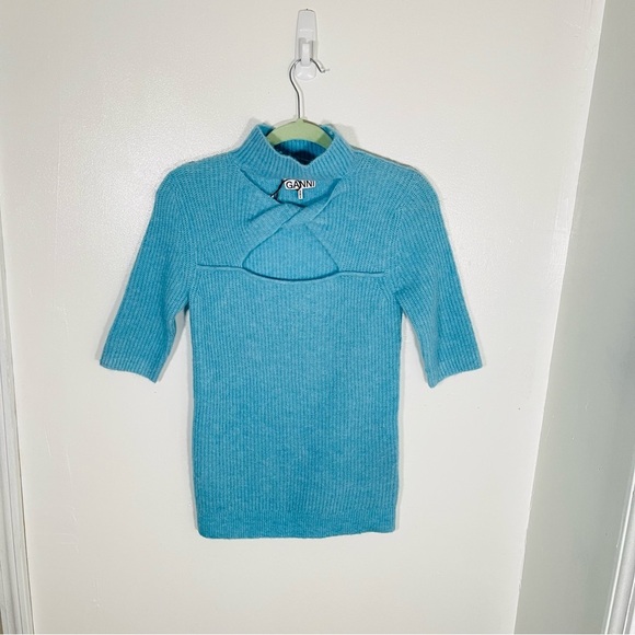 NEW Ganni Alpaca Merino Wool Blend Twist Turtleneck Sweater Bachelor Blue Preppy - Picture 2 of 10